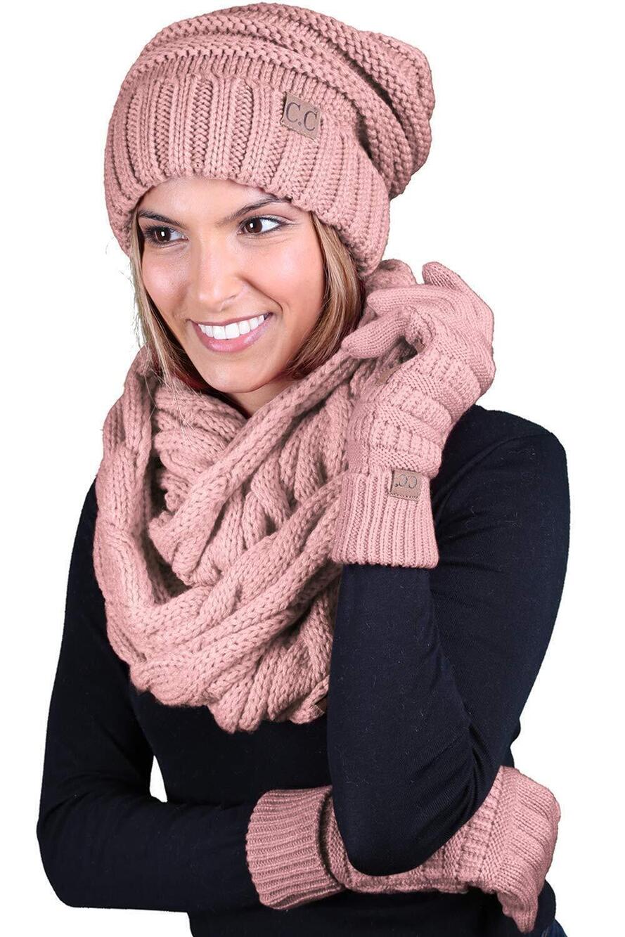 4749 Matching Pack of 3 Oversized Beanie, Texting Gloves, & Scarf - Indi